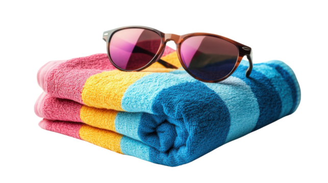 Rolled beach towel with sunglasses on transparent background