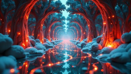 Digital temple with holographic patterns, blueprints, and 4D printed structures in a serene environment.