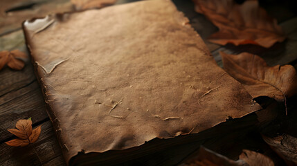 A weathered book rests on a wooden surface, surrounded by autumn leaves.