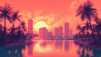 Vibrant neon sunset over tropical palm trees and city skyline reflection in tranquil water
