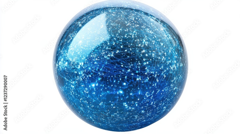 Poster glowing blue sphere with intricate network of white dots reflecting light and geometric patterns