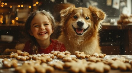 Joyful girl and fluffy dog baking christmas cookies in cozy kitchen