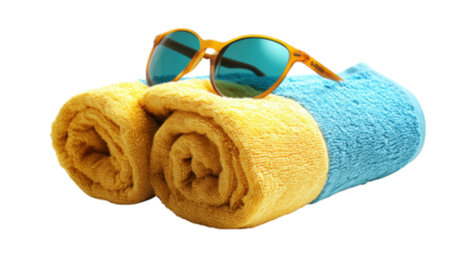 Beach towels and sunglasses resting on transparent background, embracing summer vibes