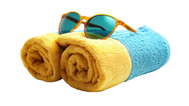 Beach towels and sunglasses resting on transparent background, embracing summer vibes