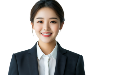 Asian businesswoman in a suit, smiling nicely, isolated on white background