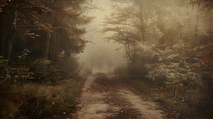 Fototapeta premium A misty forest path surrounded by trees and fallen leaves, evoking a serene atmosphere.