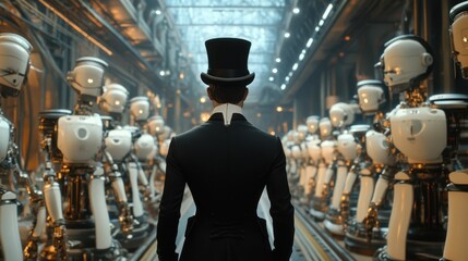 Obraz premium Man in victorian attire observes row of robots in futuristic factory setting
