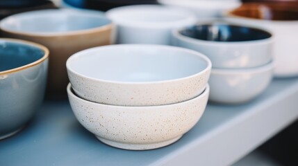 Colorful traditional folk craft bowls  on display at a local market