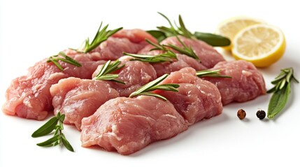 Fresh raw pork slices garnished with rosemary and lemon on white background
