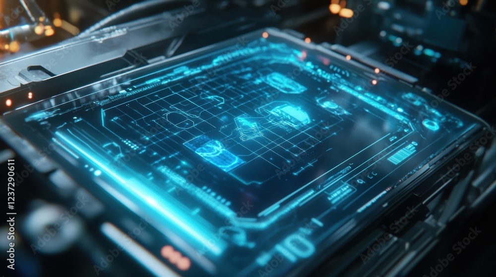 Poster futuristic control panel displaying blueprint and data analysis of innovative production line monito