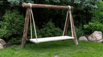 Rustic wooden swing in garden, tranquil scene, peaceful background