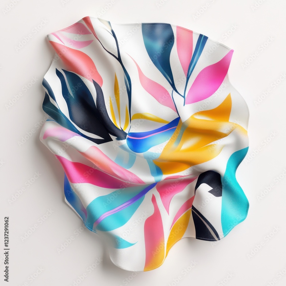 Poster colorful abstract fabric with leaf patterns in flowing curves against a white background