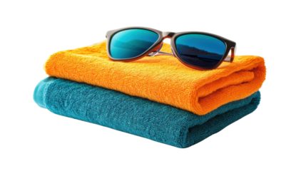 Sunglasses resting on vibrant beach towels on transparent background