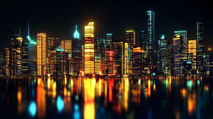 Illuminated city skyline at night with golden reflections shimmering on the water creating a futuristic and elegant urban landscape
