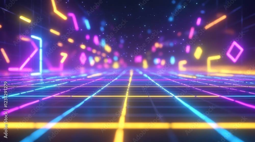 Poster neon grid lines and glowing particles in a digital space