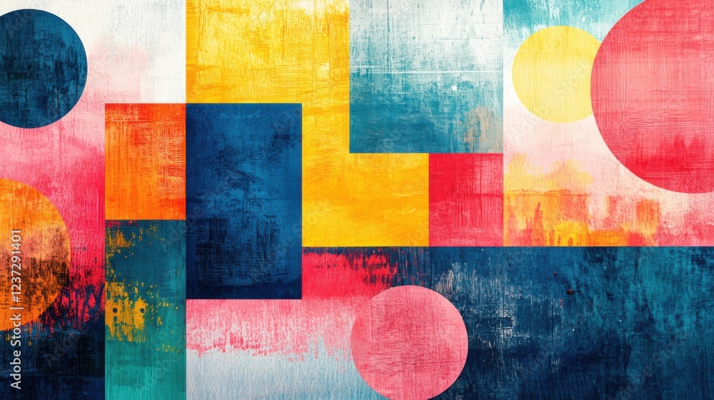Poster colorful abstract geometric composition with overlapping square and circle patterns in vibrant hues
