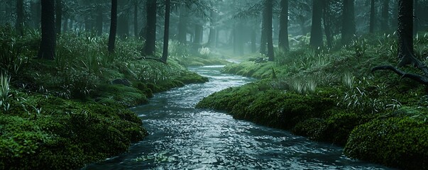 Green moss surrounds a tranquil woodland stream flowing through the forest