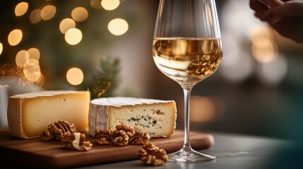 Elegant cheese and wine pairing with a glass of white wine, aged cheese, and walnuts on a wooden board. Warm festive lights create a cozy, luxurious ambiance perfect for gourmet dining