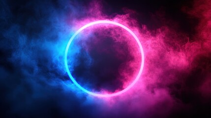 Fototapeta premium Neon circle amidst vibrant pink and blue smoke on a dark background
