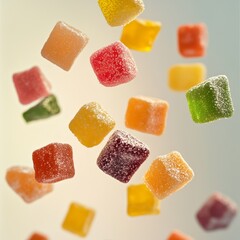 Colorful sugared jellies falling, studio shot, food advertising