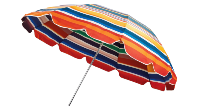 Colorful beach umbrella providing shade on transparent background