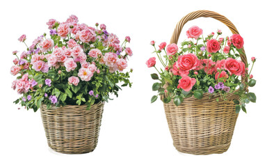 Beautiful floral arrangements in woven baskets isolated on transparent background