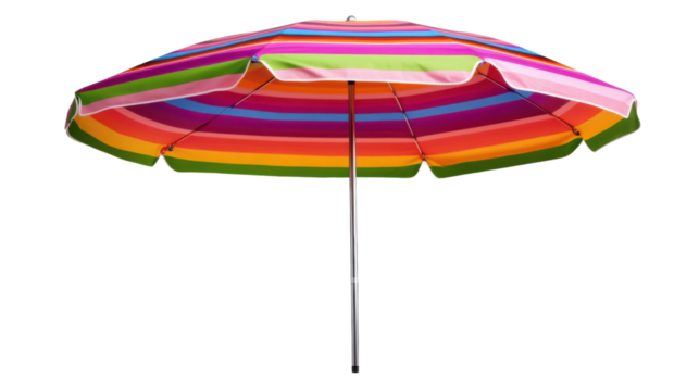 Colorful beach umbrella providing shade on transparent background