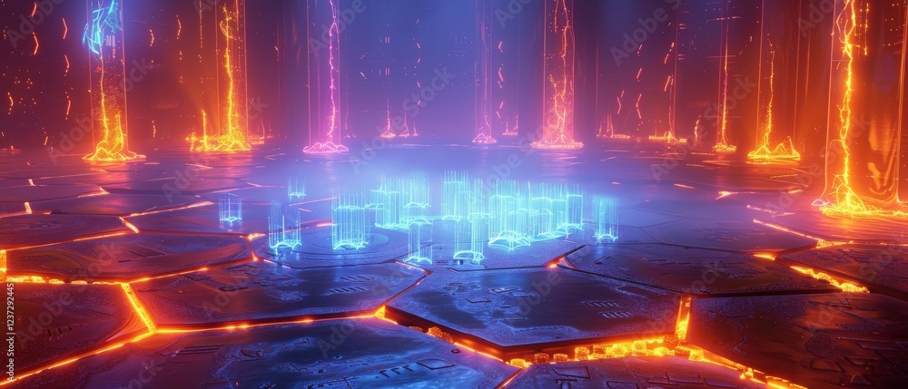 Poster glowing firewall illustrating cybersecurity protection and network security measures in digital repr