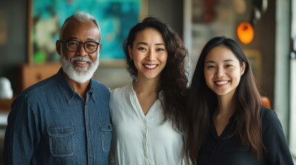 Fototapeta premium Group of diverse smiling people in casual attire, multigenerational family setting