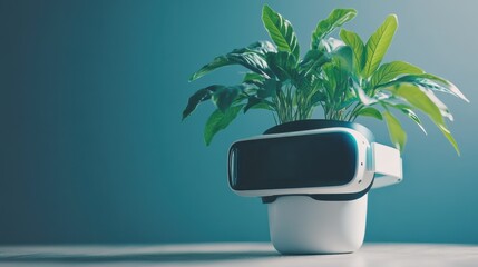 Vr headset on plant pot: innovative blend of nature and technology