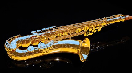 Obraz premium Golden saxophone on black background, music instrument, studio shot, reflection