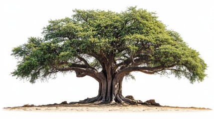 Majestic lone tree in open field highlighting impressive branches and green foliage on white background