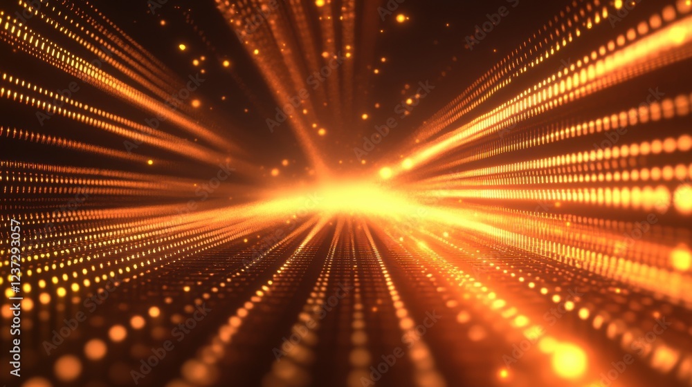 Poster glowing abstract background with orange light beams and dotted pattern in motion