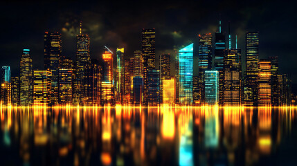 Obraz premium A city skyline illuminated at night with golden and blue reflections on water creating a glowing futuristic urban landscape 