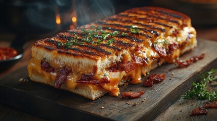 Grilled cheese sandwich with crispy bacon and fresh herbs on rustic wooden board
