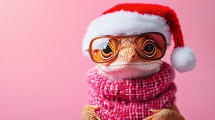 Obraz premium Lizard in santa hat and sunglasses with pink scarf against pastel pink background