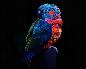 Obraz premium Colorful Parrot on Perch, Vibrant Blue, Red, Green Feathers, Perfect Clarity
