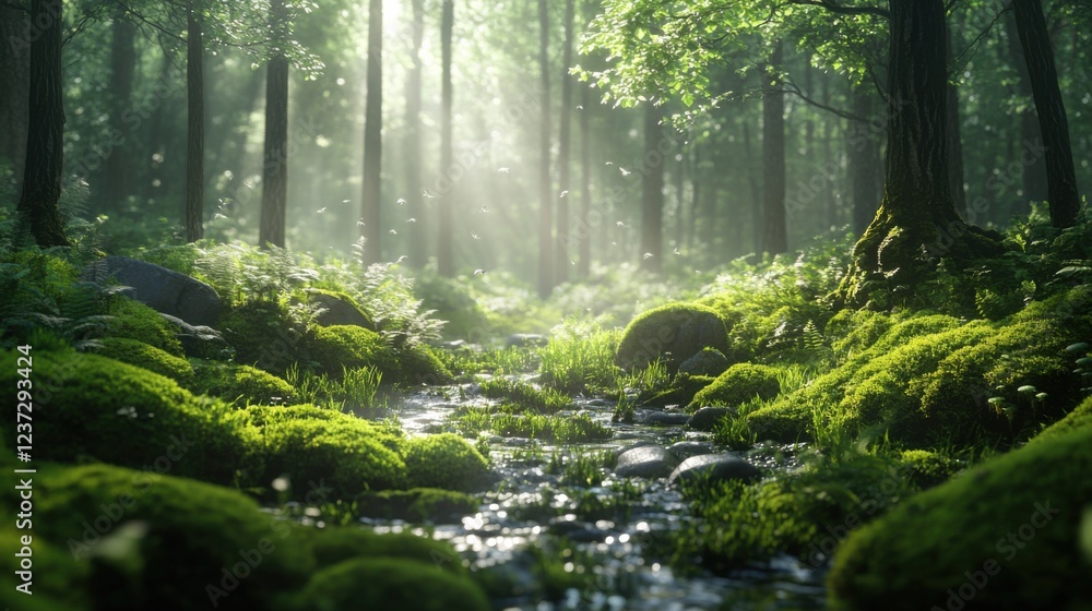 Poster sunlight streams through enchanted forest with serene moss-covered stream and lush greenery