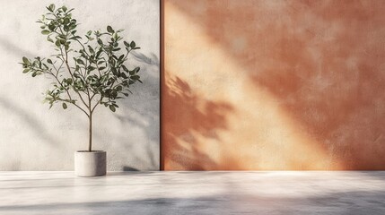 Sunlit minimalist interior with potted plant highlighting modern concrete and terracotta walls