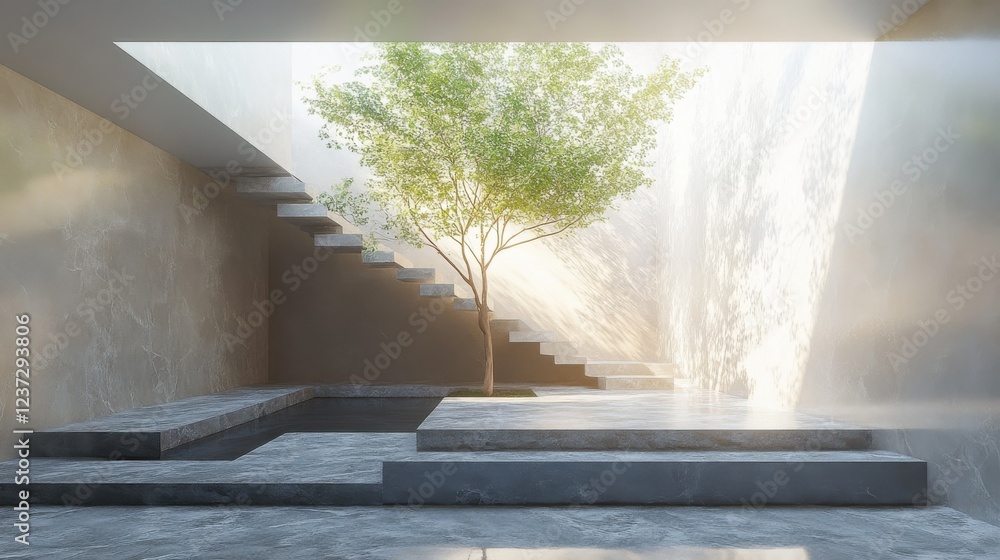 Poster sunlit minimalist space with central tree and floating staircase in modern interior architecture