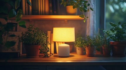 A warm candle-lit shelf with decorative plants and books, creating a cozy and minimalist home atmosphere. Ideal for interior design, relaxation, and lifestyle concepts.