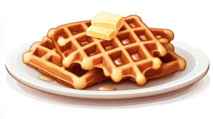 Delicious stack of waffles with butter and syrup on white plate