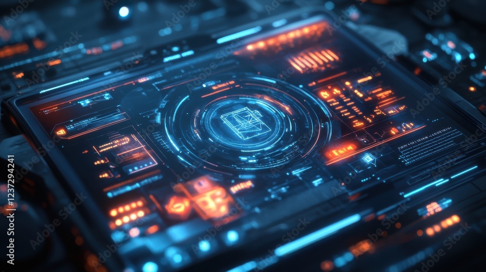 Aufkleber futuristic digital interface display with blue and orange holographic elements in a sci-fi setting