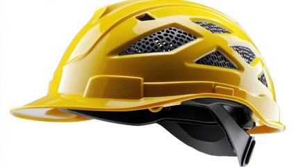 Fototapeta premium Yellow safety helmet for construction with ventilation features isolated on white background
