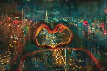 Two hands forming a heart shape against a backdrop of twinkling city lights