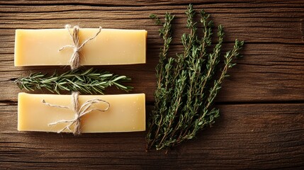 Elegant presentation of artisanal aged cheese slices tied with twine, accompanied by fresh rosemary and thyme on a rustic wooden background