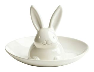 Cute ceramic rabbit figurine on a dish isolated on transparent background