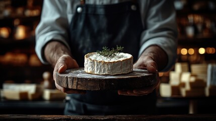 Artisan presenting a handcrafted wheel of soft-ripened cheese on a rustic wooden board, garnished with fresh herbs in a cozy, dimly lit setting