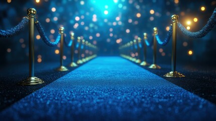 Glamorous blue carpet event with stanchions and sparkling lights in the night