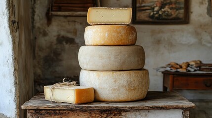 Stack of aged artisanal cheese wheels on a rustic wooden table in a vintage farmhouse setting, highlighting traditional craftsmanship and rich textures